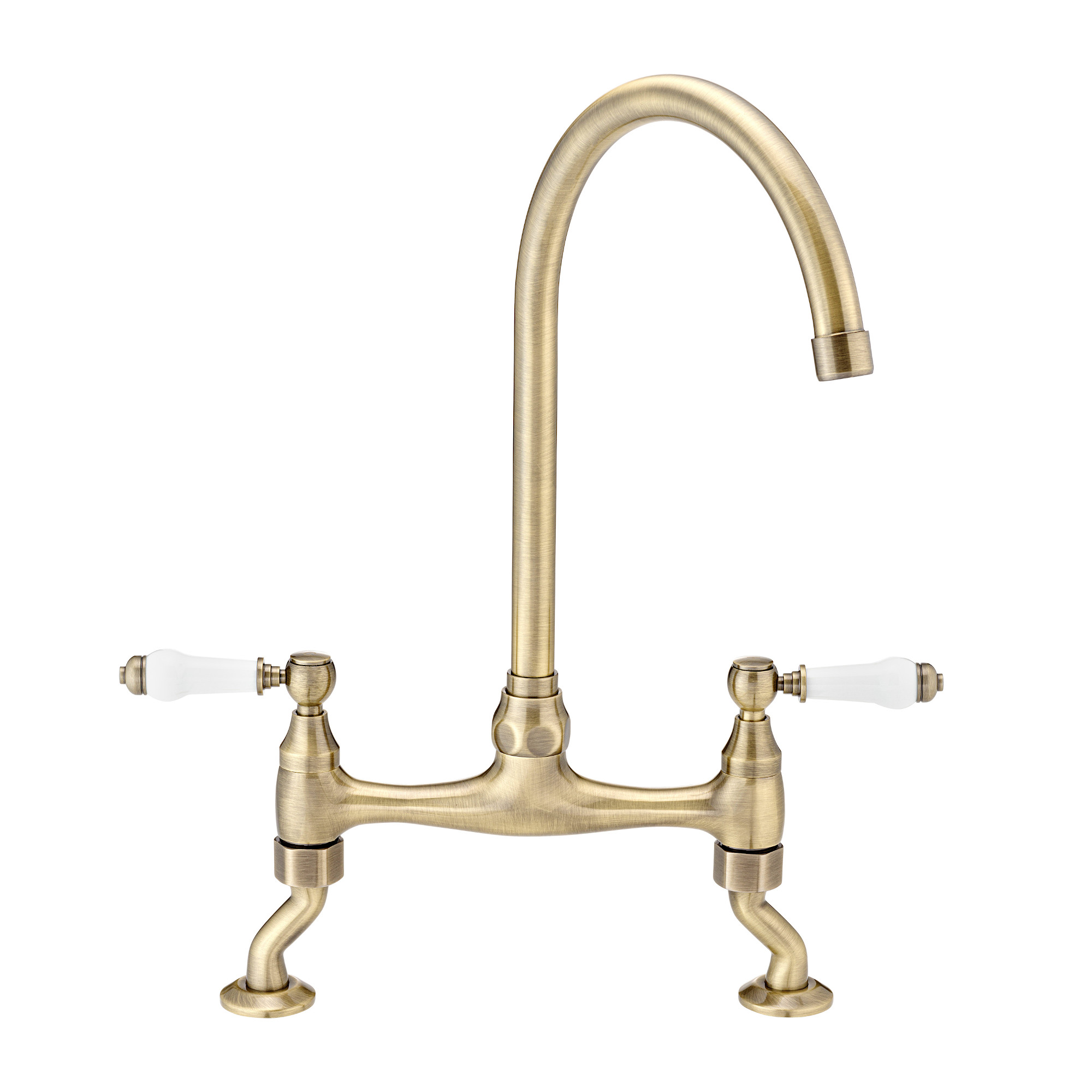 ENKI, Astbury, KT104, Deck Mounted Antique Brass, Kitchen Sink Mixer Tap, featuring a Swivel Swan Neck Spout and Quarter Turn Ceramic Levers, Solid Brass Construction, Traditional Design image